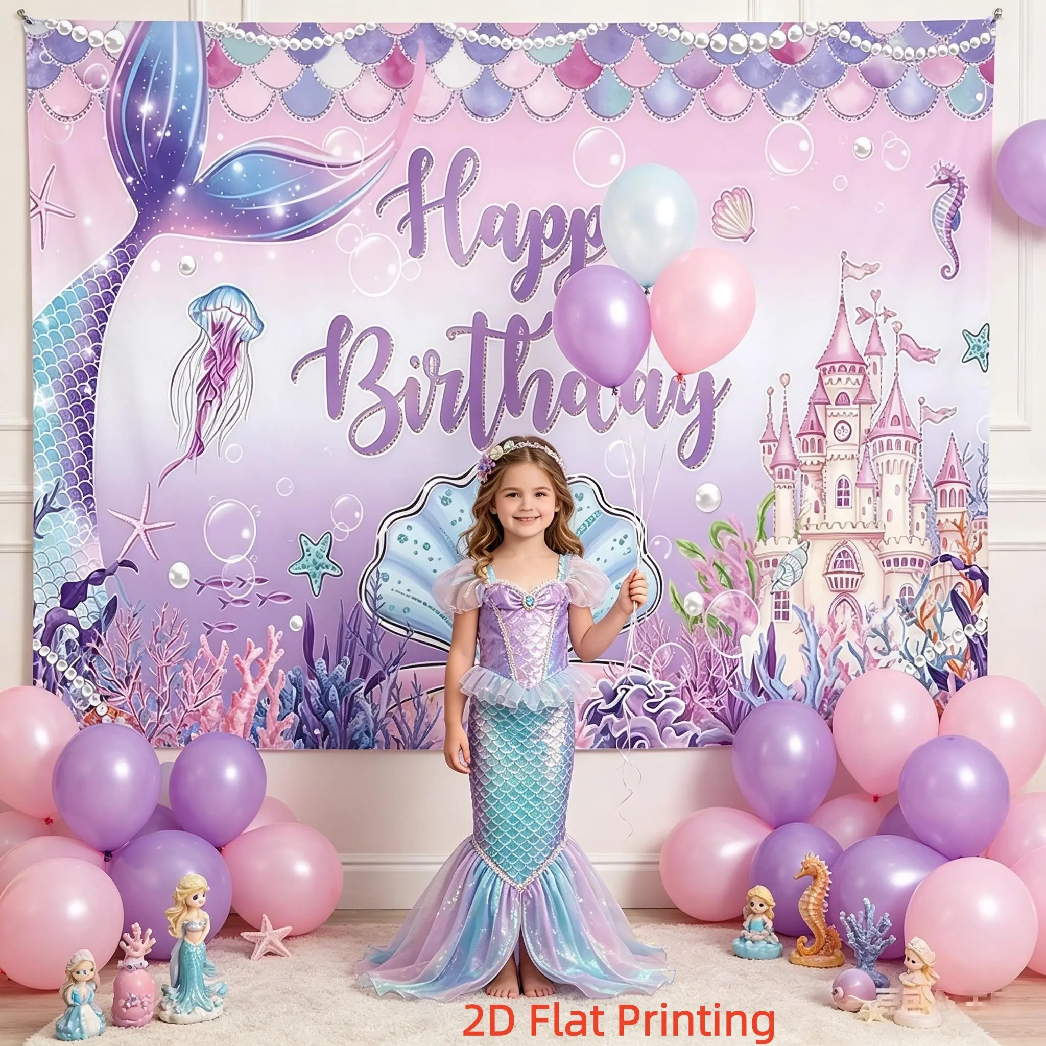 2D Flat Mermaid Birthday Decoration Background, Gradient Fish Tail, Underwater Castle, Party Wall Decor, Indoor Outdoor, Polyester Material, Backdrop Decoration