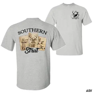 Southern Strut Hunting T-Shirt – Deer Duck Turkey Vintage Playing Cards Graphic Tee, Outdoor Wildlife Lifestyle Apparel, Country Sportsman Shirt, Casual Everyday Wear for Men and Women