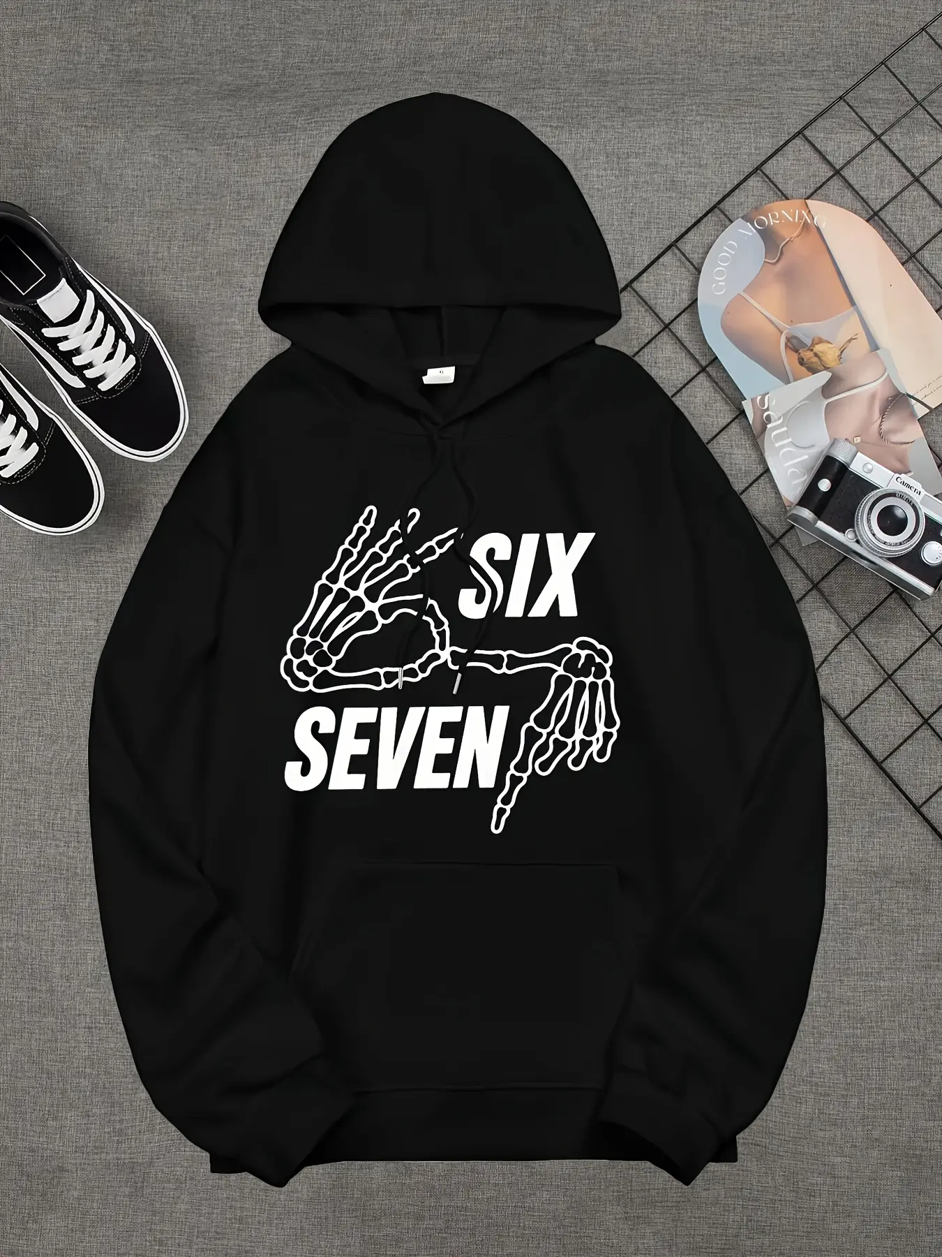 Unisex Pop‑Culture Meme Pullover Hoodie, Six Seven Skeleton Hands Graphic Print, Casual Loose‑Fit Streetwear Hoodie with Kangaroo Pocket