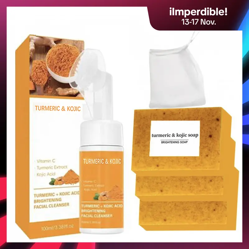 Turmeric 2-Piece Cleansing Duo Facial Wash Set - Gentle Moisturizing Cleanser, Cleansing Mousse + Soap for Normal Skin Adults, Vitamin C-Infused, Softens & Hydrates