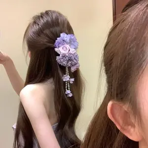 Floral Fringe Hair Clip, New Chinese Style Side Barrette, Ancient Moon Cheongsam Accessory, Beach Photo Vacation Headwear