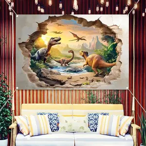 3D Dinosaur Break Through Wall Backdrop Banner, Jurassic World Theme, Durable Polyester, Reusable, Kid's Birthday, Classroom Decor, Home Wall Art