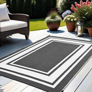 Outdoor Rug 9x12  for Patio Clearance,Large Plastic Straw Mat for Camping,Porch,RV,Reversible,Black and White