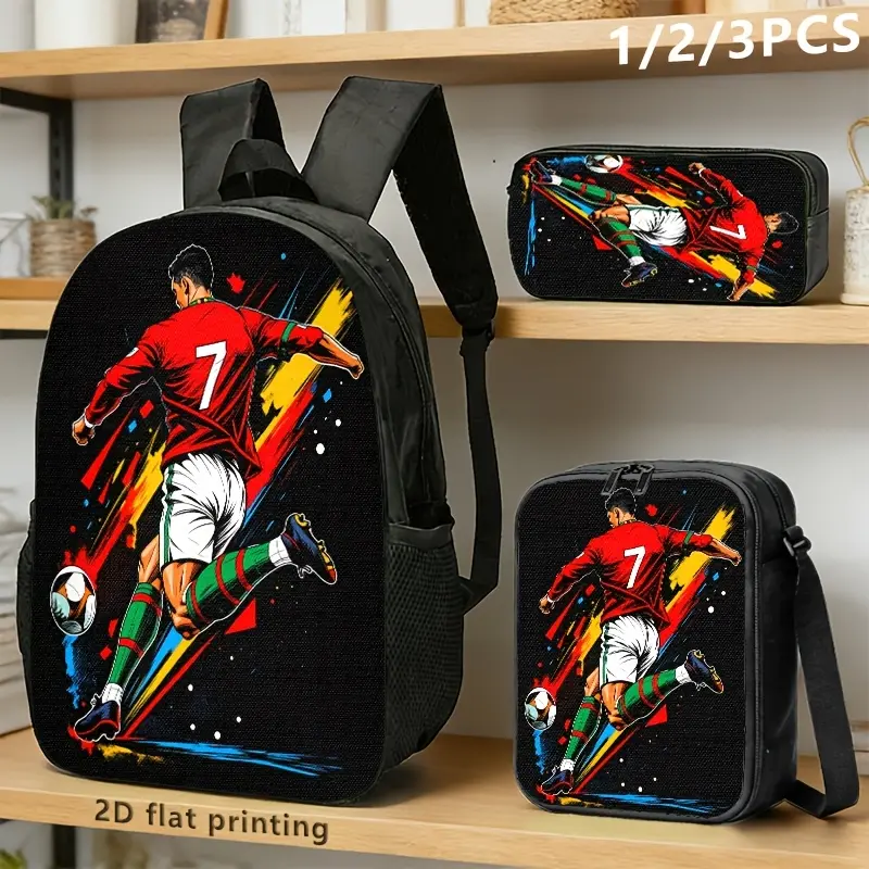 Unisex Kids' 3-Piece Athletic Back to School Set with Chic Football Art Character Print, 17.3in(L)x11in(H)x5.1in(W) Backpack (Fits 14-16" Laptop), Lunch Bag, 8.66in Pencil Case, Crossbody/Shoulder Bag Compatibility, Ideal for Friend Campus Activities
