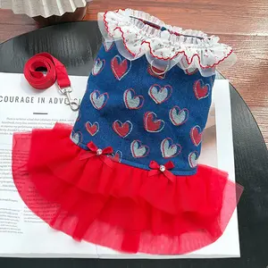 Pet Clothes Dog Cat Jeans Mesh Lace Dress Summer Causal Pretty Cute Comfortable  With Leash Ring D00095