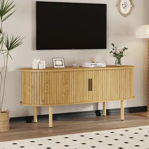 Gaomon 47.2-Inch Walnut Wood Mid-Century Minimalist TV Stand - Modern Television Console Table, TV Console Cabinet, Entertainment Unit with Sliding Door, Rounded Edges, Storage for Living Room, Bedroom Indoor Furniture