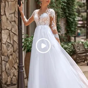 Long Sleeve Illusion Lace Wedding Dress with Full Satin Skirt Floor Length Embroidered Floral Bodice High Neckline A Line Skirt Tailored Satin Belt