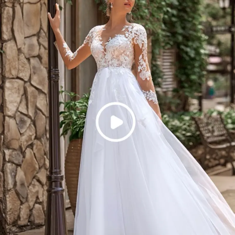 Long Sleeve Illusion Lace Wedding Dress with Full Satin Skirt Floor Length  Embroidered Floral Bodice High Neckline A Line Skirt Tailored Satin Belt -  TikTok Shop