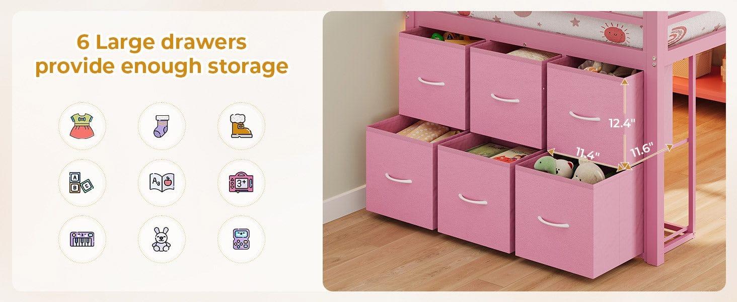 Sikaic Twin Size Low Loft Bed with 6 Storage Drawers and LED Lights Modern Kids Metal Loft Bed with 15H Stairs & Safety Guardrail and 2 Tier Storage Shelves