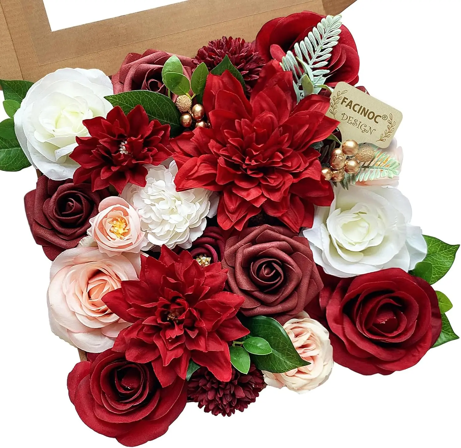 Red-Burgundy Color-Coordinated Reusable Artificial Silk Mixed Blooms Bouquet Box Set - 21+7 8-in Fake Flowers, DIY Projects Supplies for Bridal Weddings, Farmhouse Home Indoor Table Centerpieces Decor