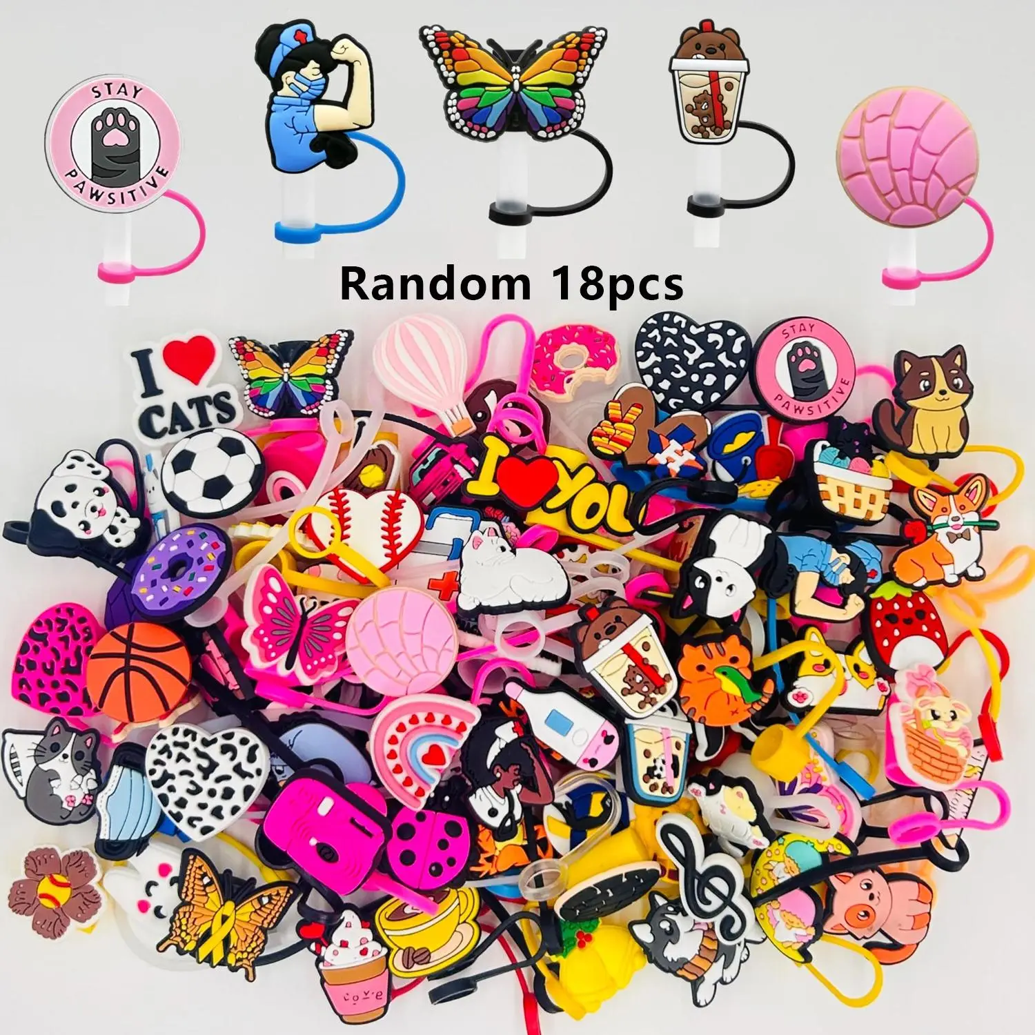 Random Color Cute Cartoon Animal Butterfly Design Straw Cap, 18pcs/set Reusable Straw Cap, Cup Straw Covers for Girl, Drinkware Accessories for Party