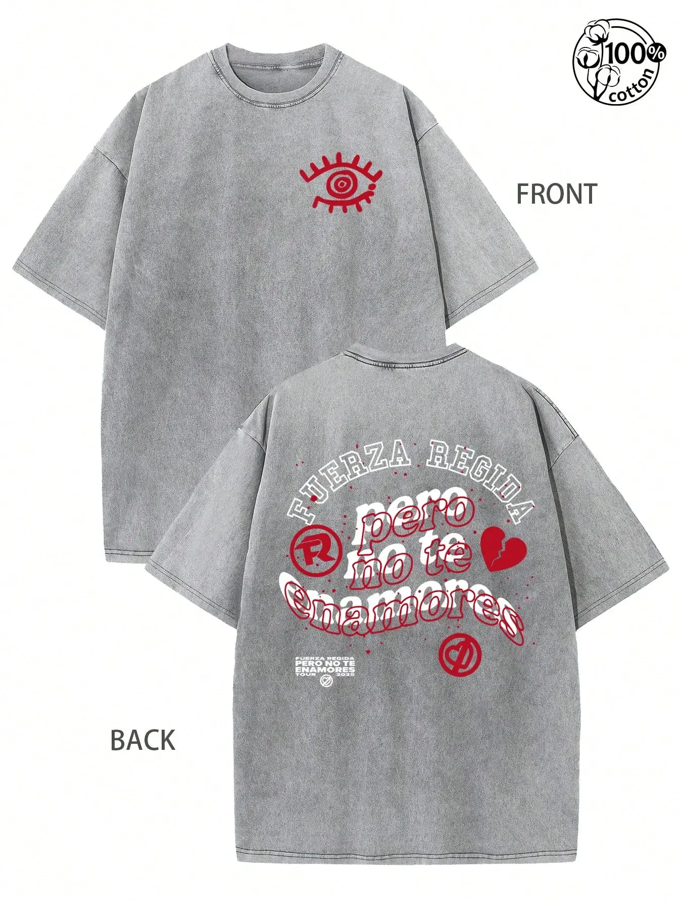 Vintage Fuerza Regida "Pero No Te Enamores" T-Shirt – Graphic Tee, Eye Pattern, 230G Washed High-Quality Cotton Printed T-Shirt, Men Clothes,Streetwear,Mens Fall Clothes,Men's Shirts,Couple Matching Outfit,Y2k