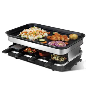 Raclette Grill 8 People Grill Plate Non-stick Coated, Raclette with 8 Mini Raclette Pans, Infinitely Adjustable Temperature, 1500W mini grill