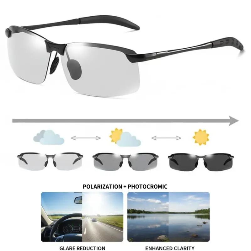 Photochromic Polarized Safety Glasses, Vintage Y2K Half Frame Sport Sunglasses for Men Women, UV400 Protection Eyewear for Driving, Cycling, Golf & Fishing