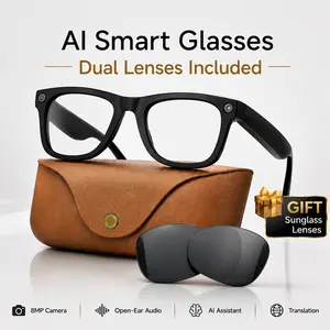 Sunglasses Men with 8MP HD Camera, Dual Lenses Included, Open-Ear Audio, Real-Time Translation, Voice Assistant, Leather Charging Case, Smart Recording Glasses for Travel Daily Use