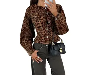 Tankaneo Womens Leopard Cropped Jean Jacket Trendy Crewneck Button Down Short Denim Jacket Y2k Slim Fit Casual Shacket Coats Womenswear