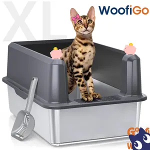 WoofiGo Enclosed Stainless Steel Cat Litter Box XL Extra Large with Lid High Sided Anti-Urine Leakage Easy Cleaning Includes Scoop