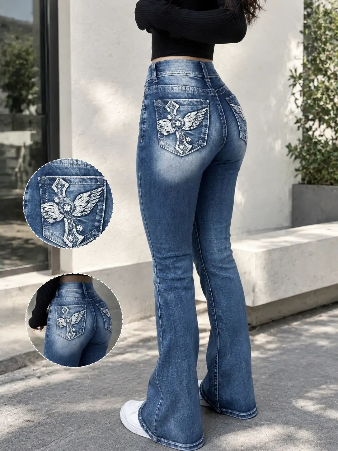Women's Flared Jeans, High Waist Flare Jeans Women Western Wing Embroidery Back Pocket Stretch Denim Pants Y2K Bell Bottoms