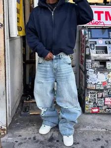 Men's Vintage Light Wash Distressed Beggar Jeans, Trendy and Handsome Loose Wide Leg Straight Long Pants, Casual Fashion Streetwear Denim Trousers, Casual Ripped Denim