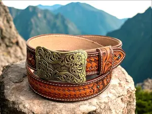Men's Western Full Grain Genuine Leather Belt 1 1/2" with Floral Buckle Snap-On Tooled Belt Handmade Embossed Leather Belt Christmas Gift