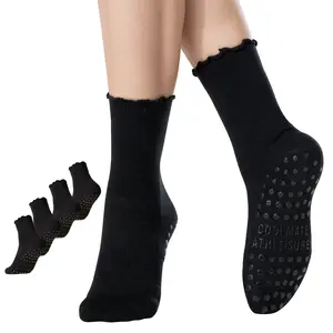 CoolMate Pilates Socks with Grips for Women, Yoga Socks, Crew Non Slip Women for Barre, Pilates Gifts (US, Numeric, 6, 10, Regular, Regular, A-06b. 2 Pairs Ruffle Black)