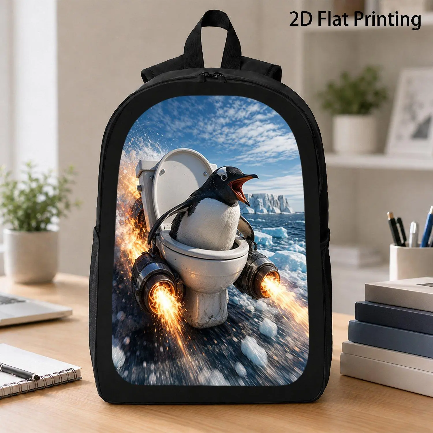 17 Inch Backpack Unique Screaming Penguin Riding Rocket On Ice Ocean Adventure Animal Print Trendy Aesthetic Laptop School Work Travel Daypack For Animal Lovers