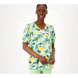 Denim & Co. Printed Blouse with Smocked Sleeve Cuff