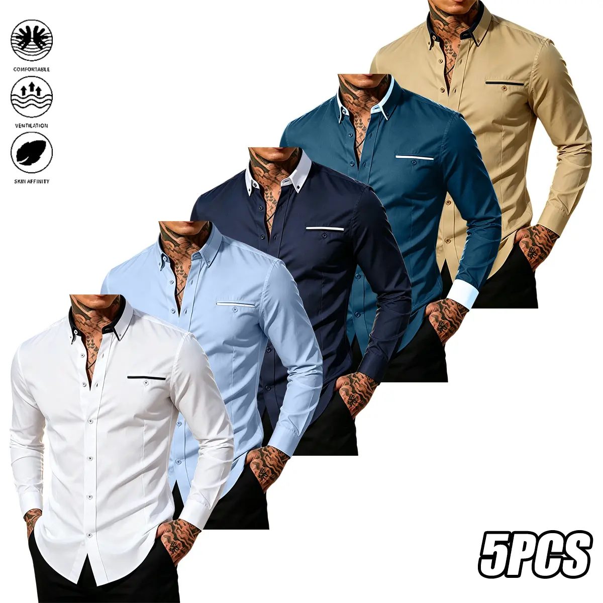 Men's 5-Pack Casual Long Sleeve Polo Shirts, Solid Color Cotton-Polyester Blend, Soft Skin-Friendly Menswear, Collared Neck, Longsleeves, Plain