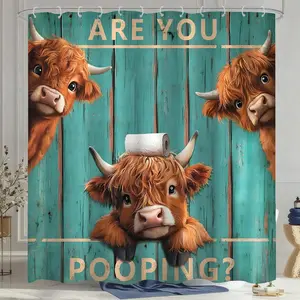 Vintage Funny Highland Cow Shower Curtain with 12 Hooks, Retro Farmhouse Green Plank Door Bath Curtain for Farmhouse Highland Cow Bathroom Decor Waterproof Fabric