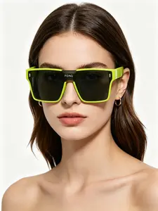 Fluorescent Green Square Sunglasses, One-piece Large Frame Fashion Shades, Plastic Frame Sunglasses, Unisex Retro Classic Eyewear, Outdoor Driving Glasses, for Camping Travel Daily Use