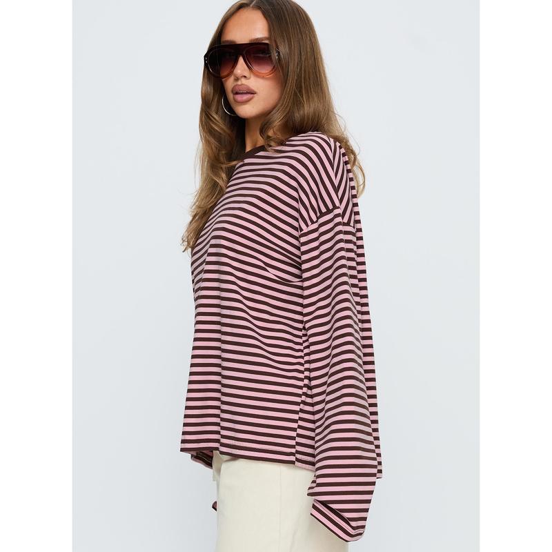 Settle Down Long Sleeve Top Pink / Brown Stripe