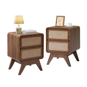 Giratree Mid Century Night Stand Set of 2 with Curved Round Edge, 2 Drawers, Solid Wood Legs, End Table & Side Table for Small Spaces