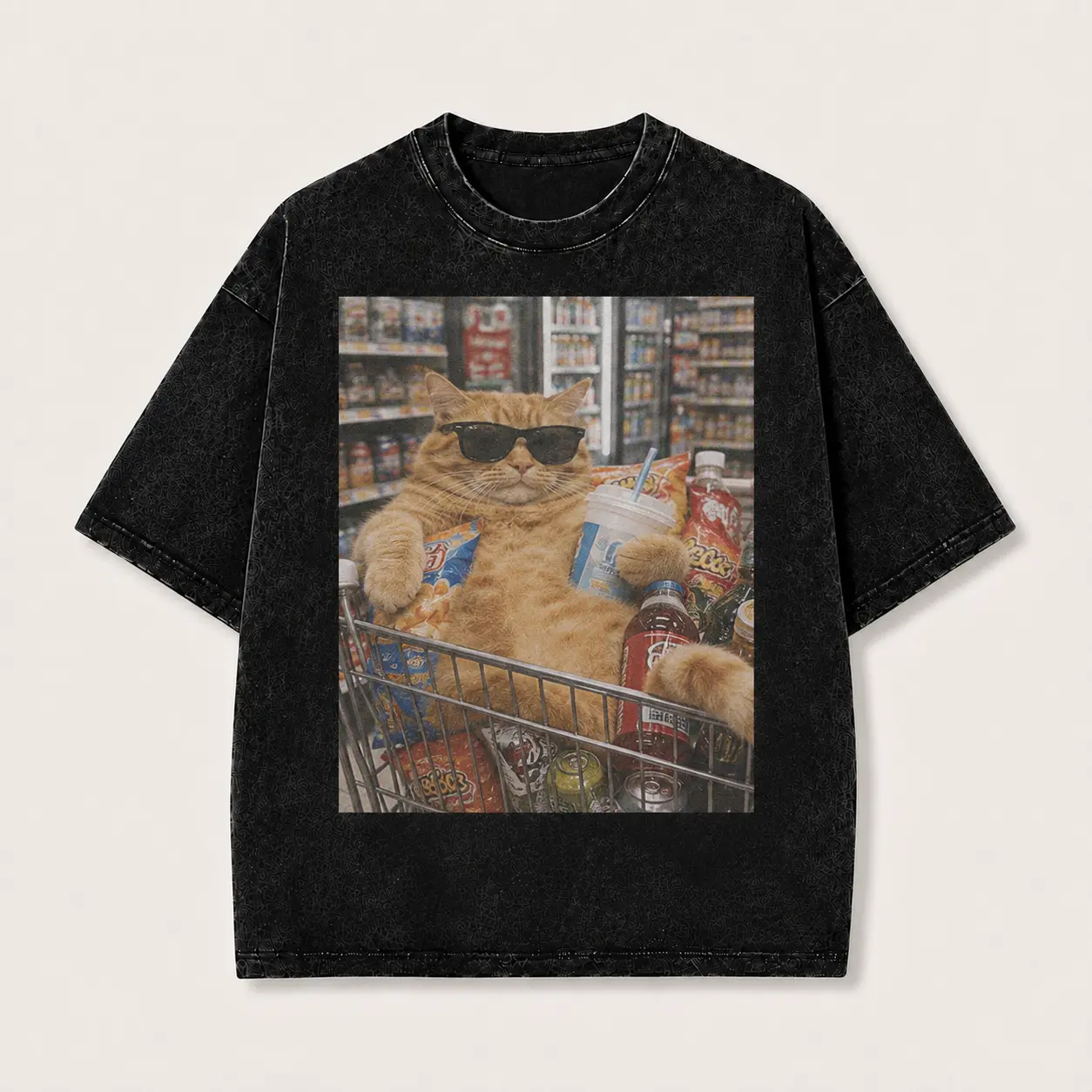 Cool Ginger Cat in Shopping Cart with Drinks and Snacks Graphic T-Shirt, Oversized Vintage Streetwear Tee, Funny Kitten Print Top, Casual Loose Fit Tee for Men and Women