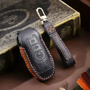 Handmade Genuine Leather Smart Key Fob Cover Fit For Ford F-150 F-250 F-350 Raptor Explorer Edge Escape Expedition Mustang 2015-2024 Key Case Keyless with Keychain