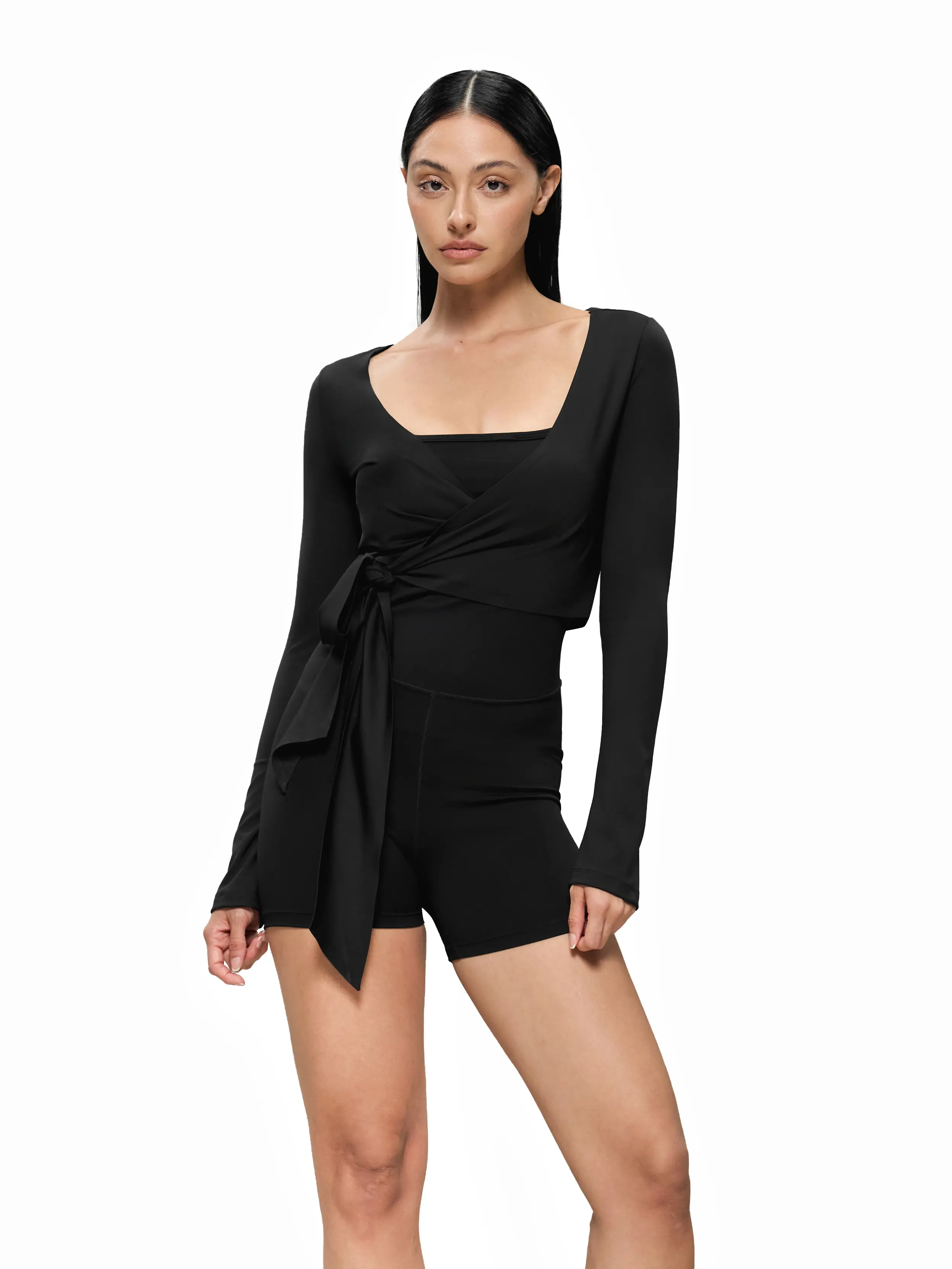 FDR X AOSSIO Women's Front Wrap Long Sleeve Cover Up Ballet Style V Neck Cropped Top Yoga Pilates Activewear sleeveless athletic mini dress goal