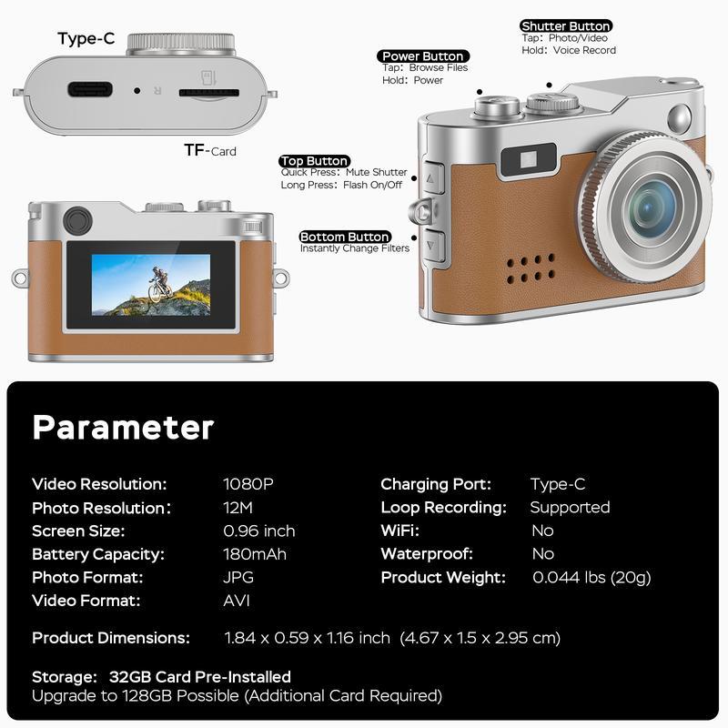 HOTU Mini Leather Keychain Digital Camera – Vintage Y2K Pocket 1080P HD Camera with 1MP Lens, Flash & 0.96" Screen, Video Recording, Type-C Charging, 32G Card Included, Retro Vlog Camera for Travel, Concerts, Kids & Instant Party NewYear Christmas Gifts HOTU Mini Leather Keychain Digital Camera – Vintage Y2K Pocket 1080P HD Camera with 1MP Lens, Flash & 0.96" Screen, Video Recording, Type-C Charging, 32G Card Included, Retro Vlog Camera for Travel, Concerts, Kids & Instant Party NewYear Christmas Gifts