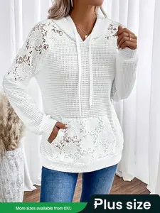 Plus Size Women's Hooded Lace Patchwork Pullover Sweater, Casual Long Sleeve Drop Shoulder Knit Top, Spring, Fall & Winter Fashion