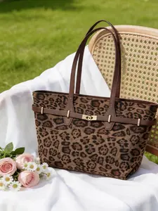 Commute Style Suede Tote Bag, Large Capacity Belt Buckle Shoulder Bag, Vintage Leopard Print Versatile Women's Bag, Multiple Colors Available