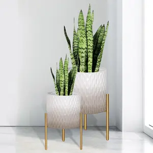 Pots with Stand, Set of 2 Indoor Planter Pots,  Mid Century Decorative Metal Flower Pots with Drainage,8.25 & 10.5 Inch, Grey and White