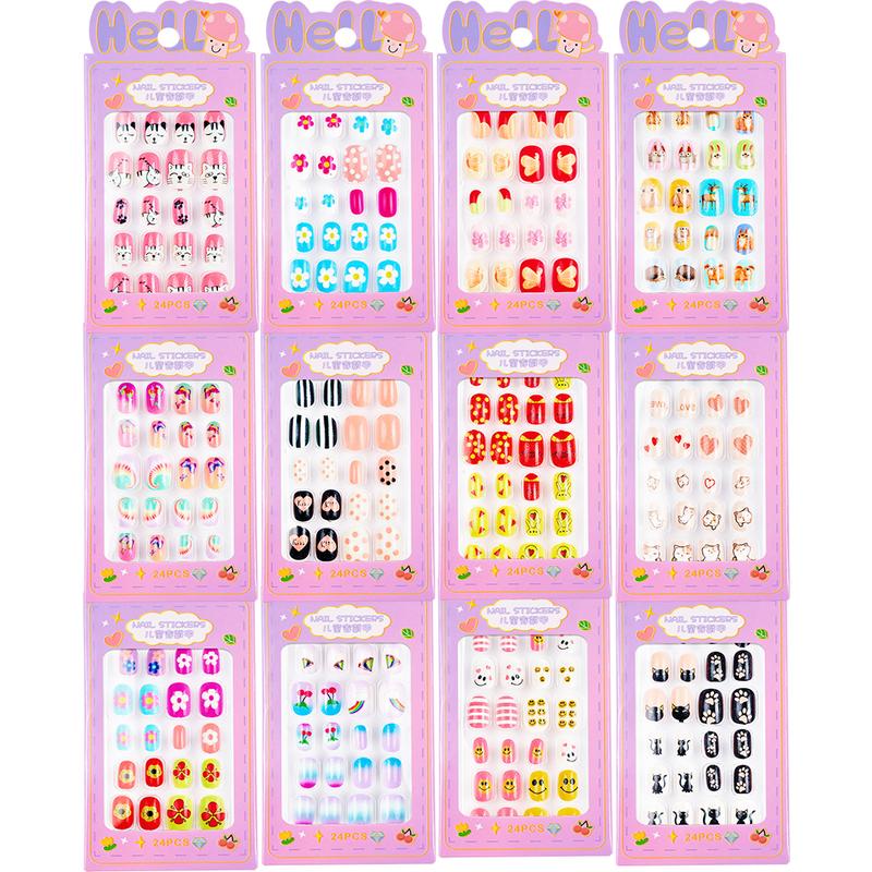 24Pcs/Box Children False Nails Kids Cartoon Girl Press on Nail Short Artificial Fake Nail Safe Full Cover Acrylic Nail Tips Kits