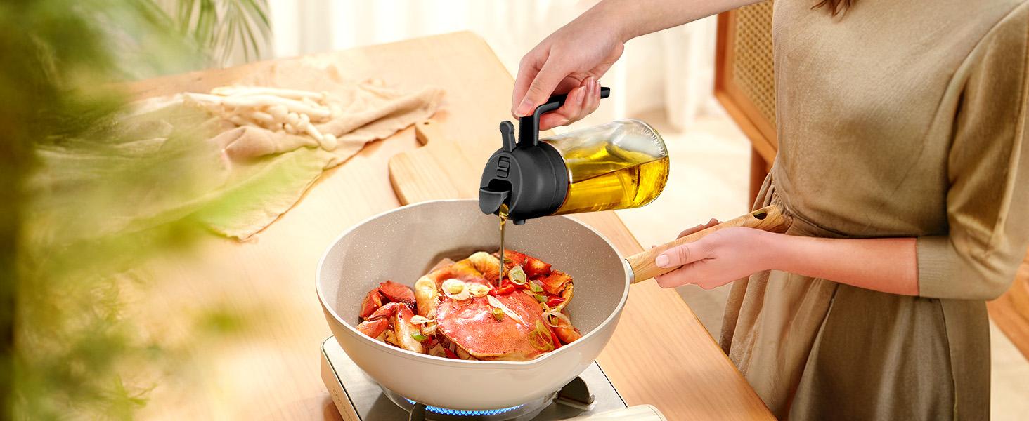 16oz/470ml Glass Olive Oil Sprayer for Cooking with Stickers, 2 in 1 Oil Dispenser for Kitchen Gadgets, Food Grade Premium Spray Bottle with Portion Control for Salad, Frying, BBQ (Black)