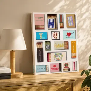 Vintage Framed Wall Art Matchbox Collection Poster Retro Travel Printing Pink & Brown Canvas Decoration Living Room & Bedroom Aesthetic Perfect Housewarming Gift, Artistic, Light