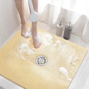 Square Shower Mat, 24 x 24inch Non-Slip Bathtub Mat, Soft PVC Bathtub Mat with Drain Holes, Quick-Drying Bathroom Partition Mat, Bathroom Accessories Without Suction Cups, Beige