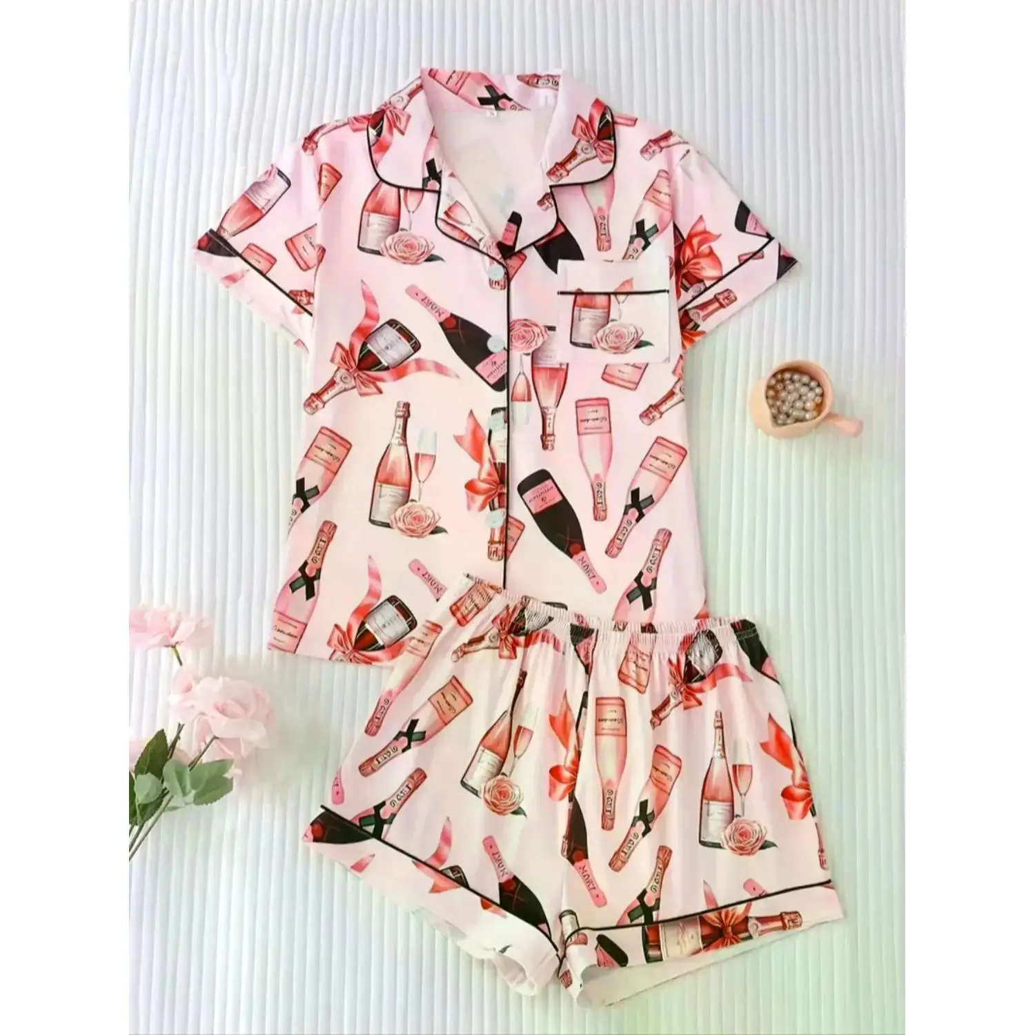 Women's All-Season Printed Short Sleeve Pajama Set with Pocket Shirt & Elastic Waist Shorts, Comfortable Two-Piece Loungewear/Nightwear