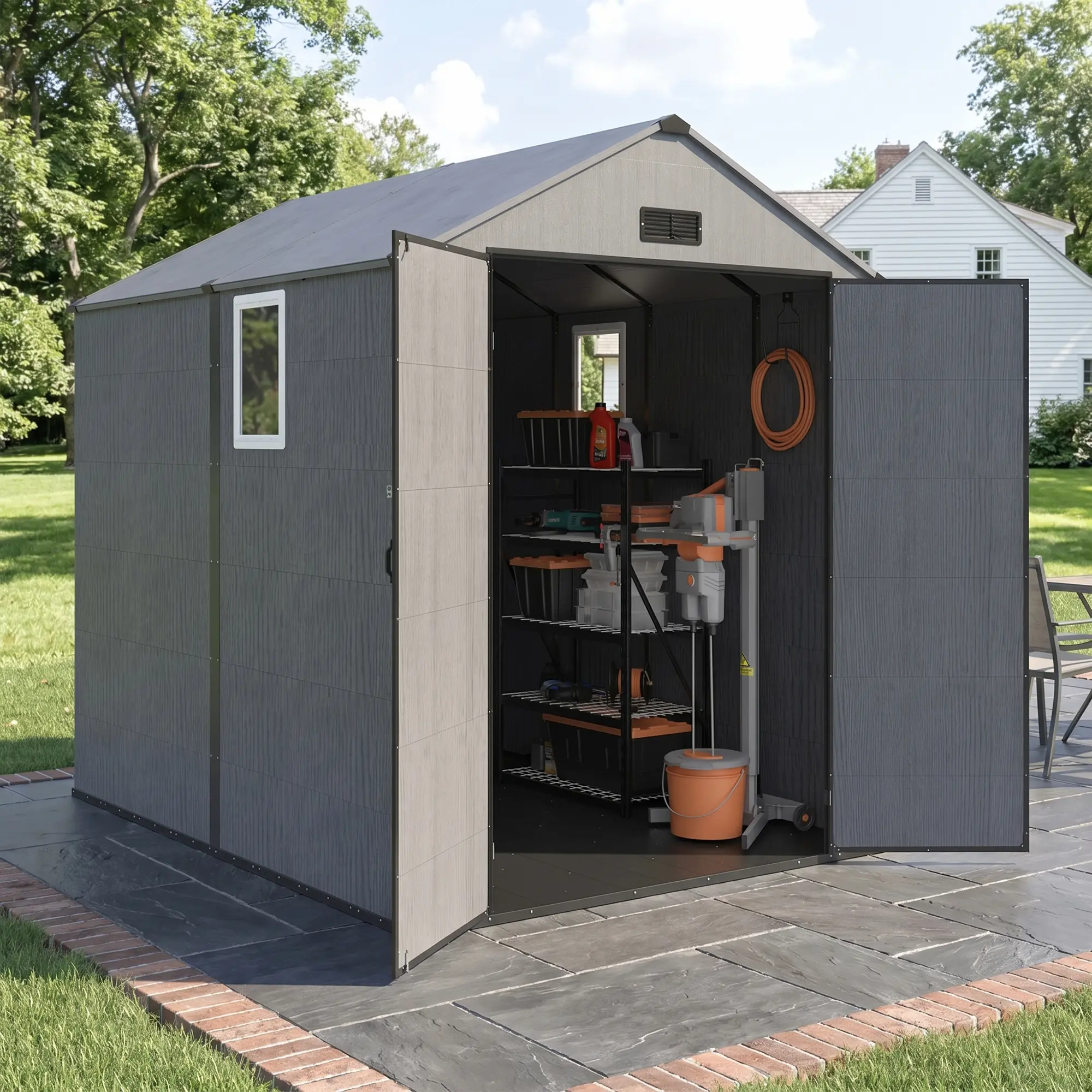 MNLR 6x8 FT Resin Outdoor Storage Shed with Floor, Lockable Door, Ventilation, Plastic Construction for Backyard, Patio steel