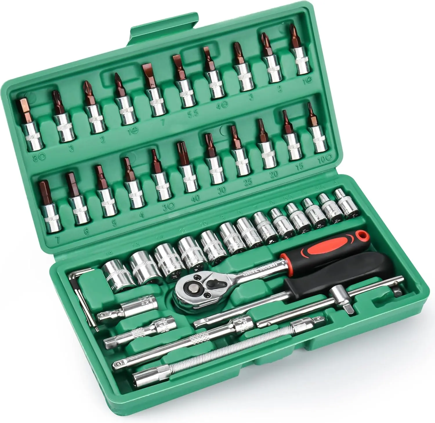 46-Piece 1/4" Drive Socket Ratchet Wrench Set, Reversible, Metric, Bit Sockets & Extension Bar