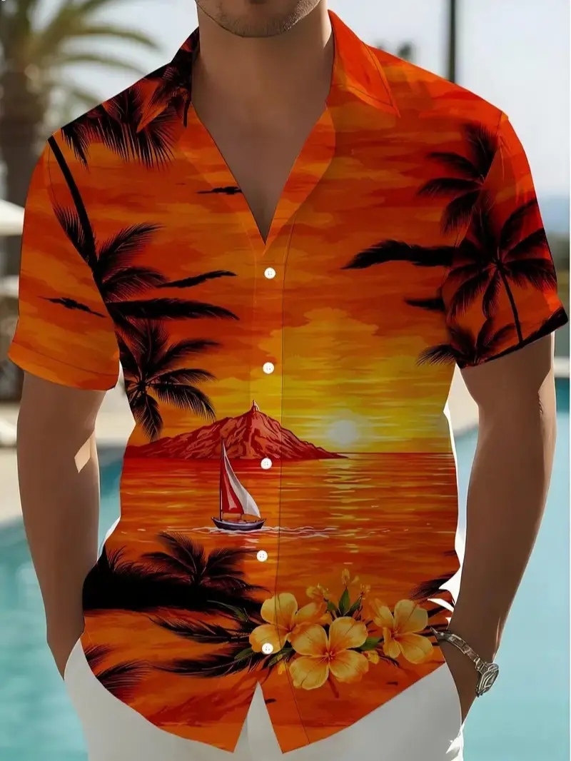 Men's Orange Sunset Hawaiian Shirt – Ocean Sailboat, Palm Tree & Hibiscus Floral Graphic Short Sleeve Beach Shirt, Summer Vacation Topt