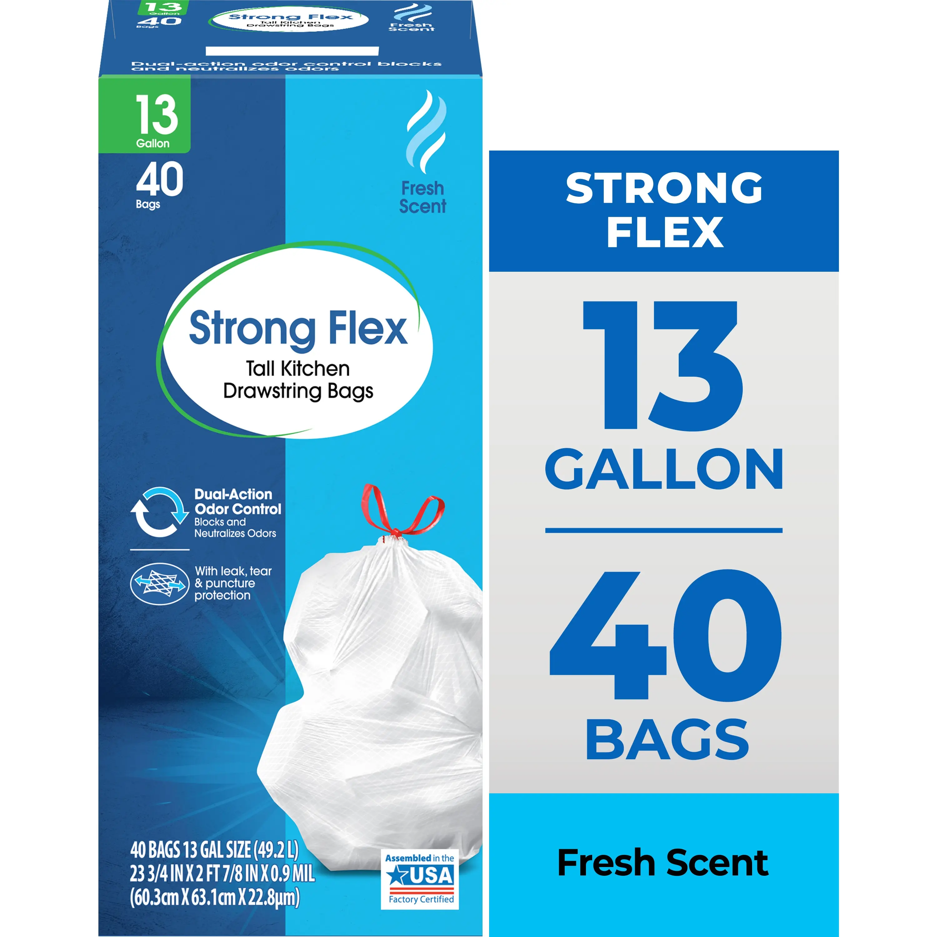 Great Value Strong Flex 13-Gallon Drawstring Tall Kitchen Trash Bags, Fresh Scent, 40 Bags