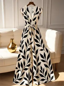 Women's V Neck Leaf Print Wide Leg Jumpsuit, Sleeveless High Waist Design, Fashionable Comfort, Perfect for Casual & Formal Wear, Elegant Fashion Jumpsuit