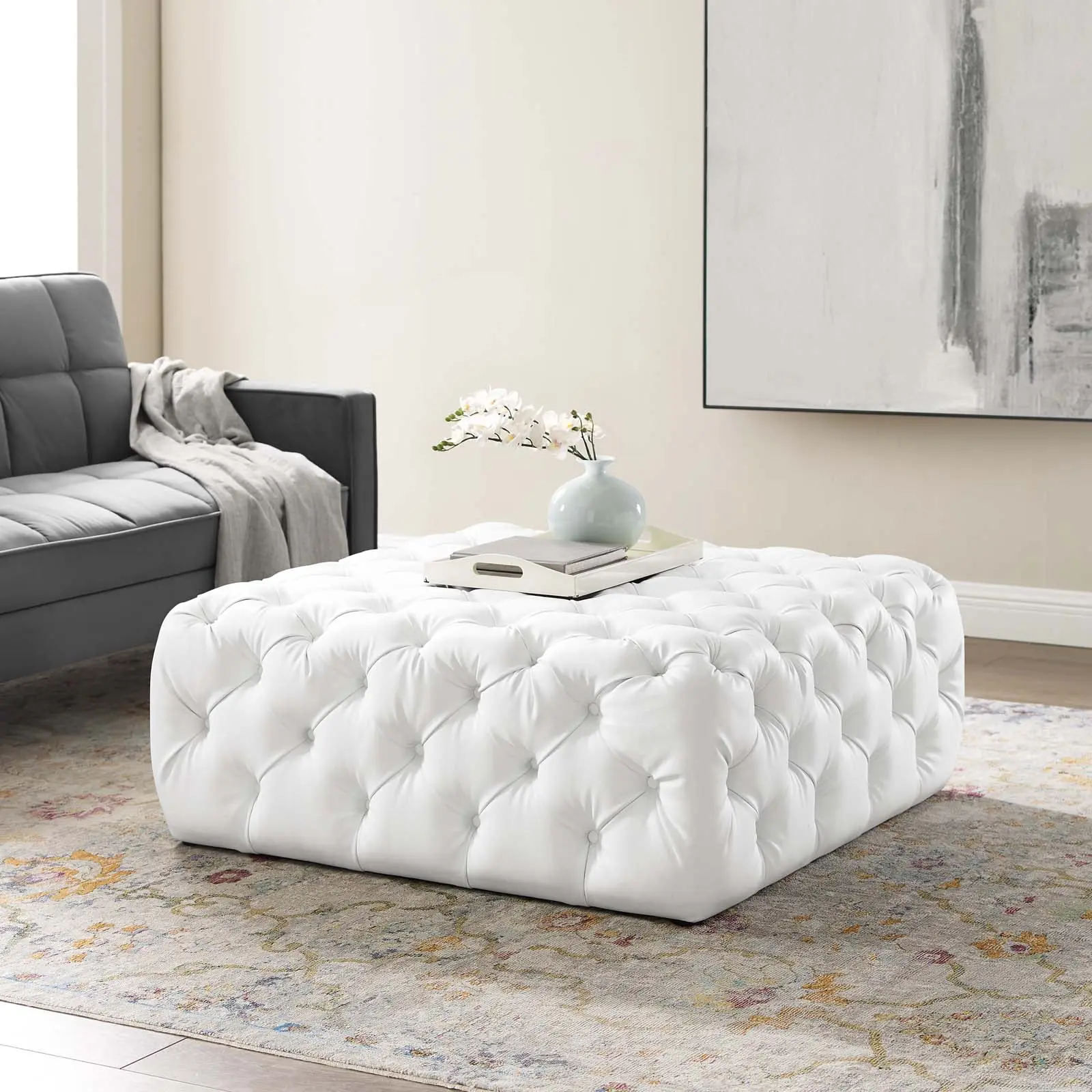 Modway Amour Large Square Button Tufting Faux Leather Luxe Ottoman - Single Seat, Foam-Cushioned, 400 lbs Capacity, Modern Upholstered Indoor Furniture for Living Room, Bedroom, White